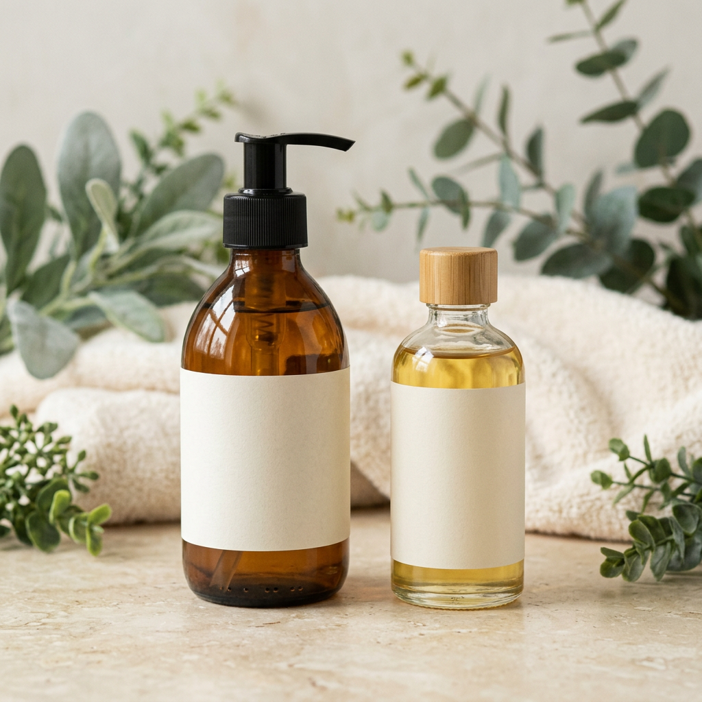 Unbranded cleanser and hand wash bottles on an ivory surface with a cotton towel and greenery