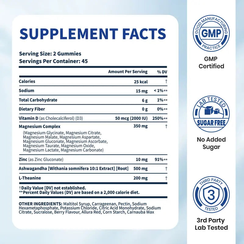 VEV Deepcalm 14-In-1 Dietary Magnesium Supplement Gummies, with Ashwagandha, L-Theanine, D3, Zinc & Supports Calming Blended Vitamins and Minerals, Chewable Dietary Supplement, 90-Count