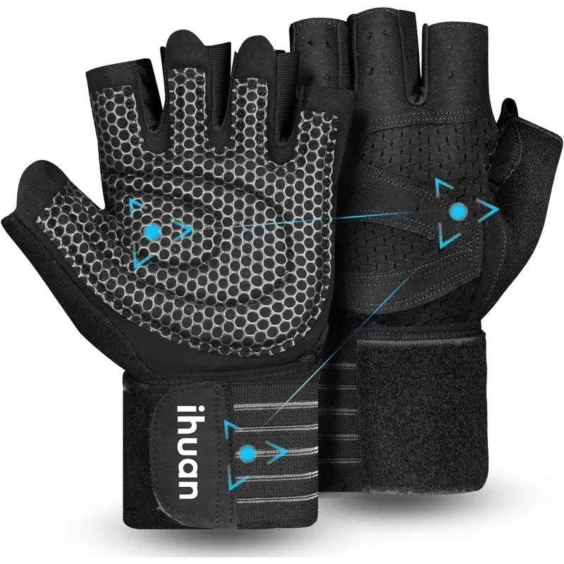 Ihuan Ventilated Weight Lifting Gym Workout Gloves with Wrist Wrap Support for Men & Women, Full Palm Protection, for Weightlifting, Training, Fitness, Hanging, Pull Ups Ihuan
