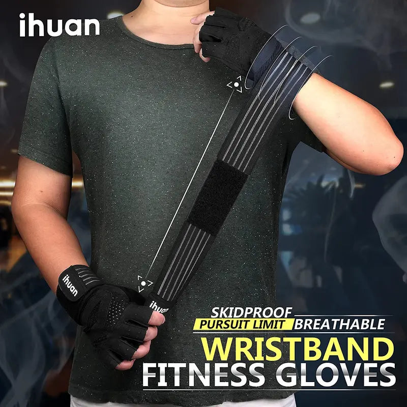 Ihuan Ventilated Weight Lifting Gym Workout Gloves with Wrist Wrap Support for Men & Women, Full Palm Protection, for Weightlifting, Training, Fitness, Hanging, Pull Ups Ihuan