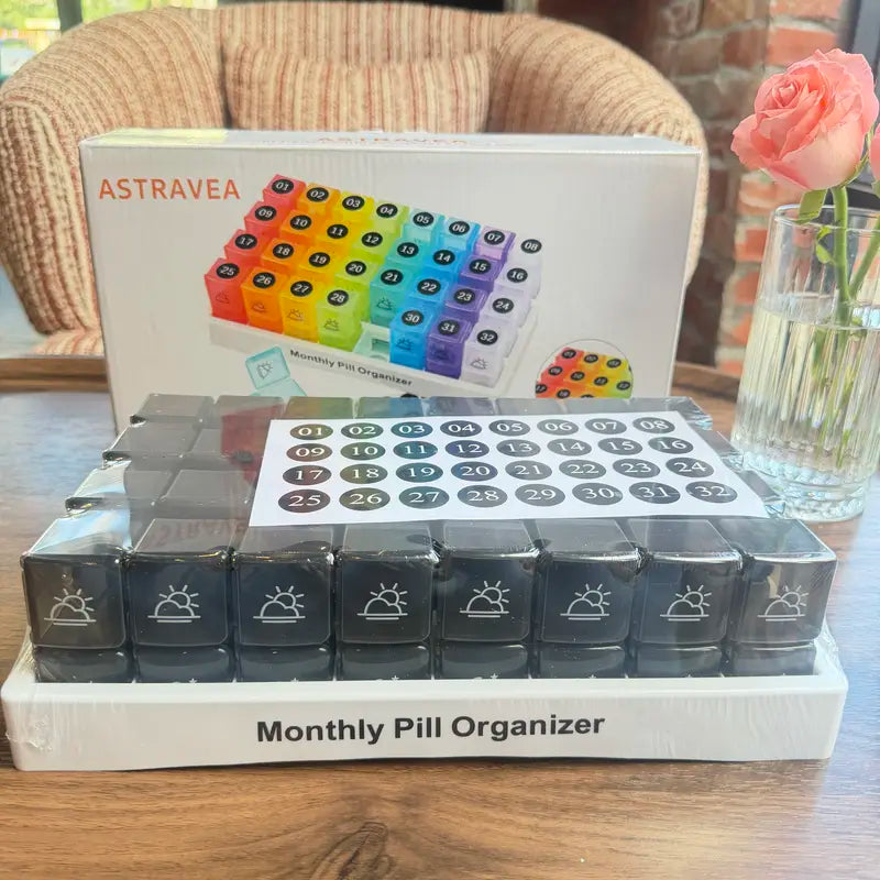 ASTRAVEA 31-Day Monthly Pill Organizer - Bpa-Free Supplement & Medical Organizer, Color-Coded Compartmentalized Dispenser with 32 Pre-Sorted AM/PM Daily Strips, Portable Travel Storage Box