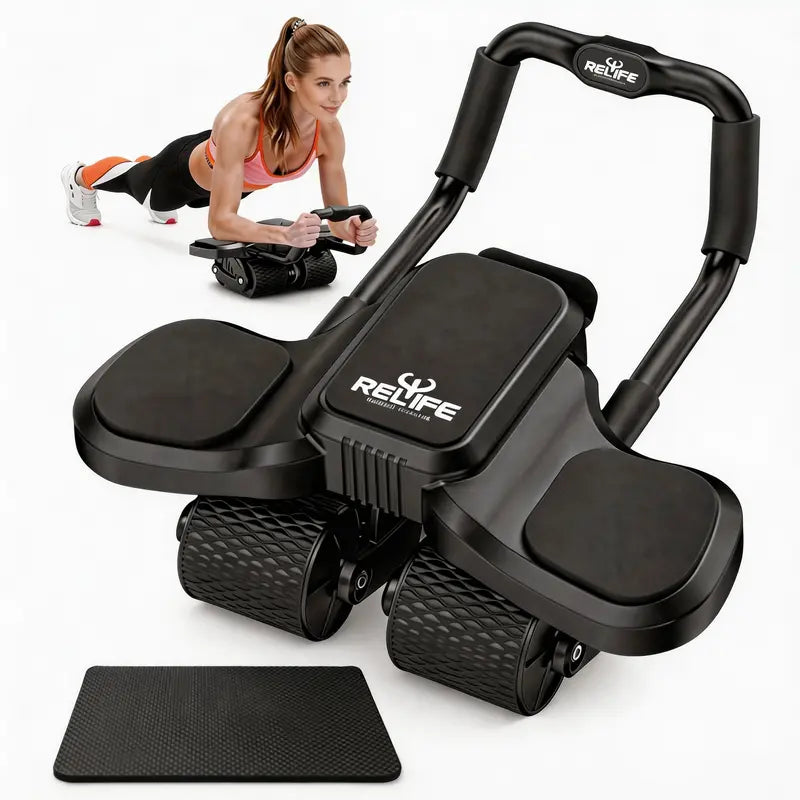 RELIFE Abdominal Roller Machine - 4-Wheel 2-In-1 Home Workout Gear with Enhanced Stability, Ergonomic Elbow Support, Built-In Phone Holder, Anti-Slip Knee Mat, Steel Rebound, Silent Roll, Adjustable Comfort for Core & Full-Body Workout