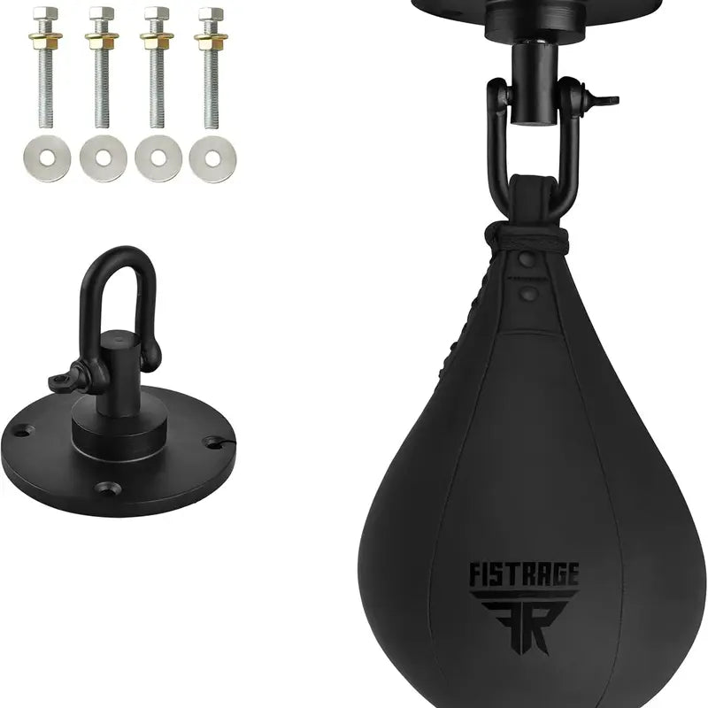 FISTRAGE Speed Bag Boxing Ball Leather MMA Muay Thai Training Punching Dodge Striking Kit with Free Hanging Swivel Workout Speedball Kicking Platform Equipment