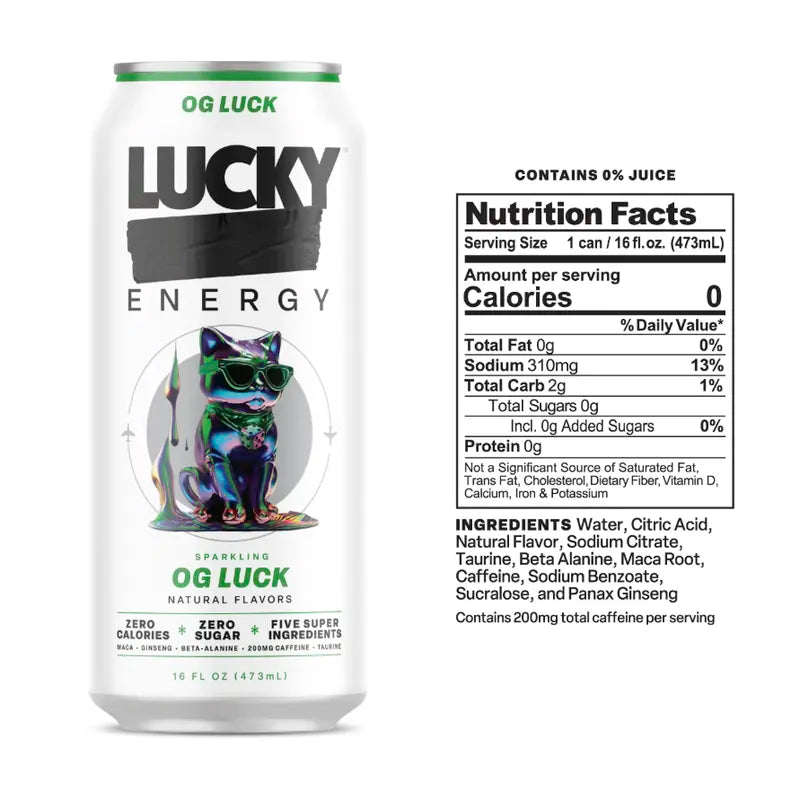 Lucky Energy Essentials Variety Pack - Energy Drinks 10 Pack, 16Oz Cans, Zero Sugar, 200Mg Caffeine | OG Luck, Red Ryder Punch, Watermelon Candy, Son of a Peach, Mango Pineapple | Clean Energy Sampler, No Crash