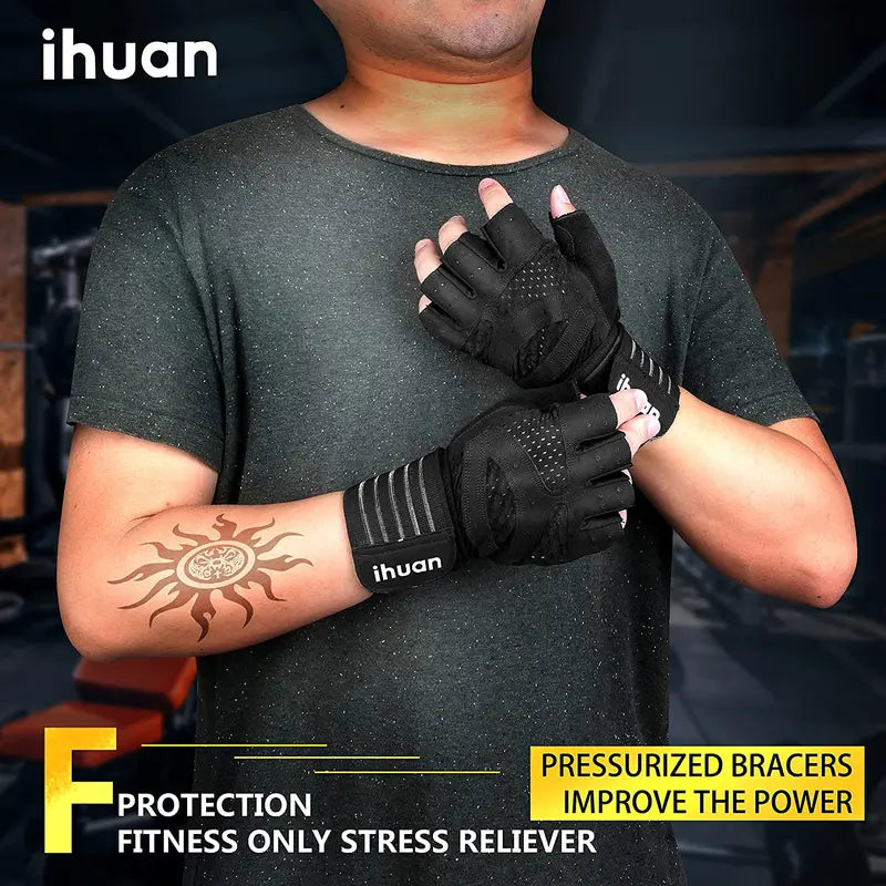 Ihuan Ventilated Weight Lifting Gym Workout Gloves with Wrist Wrap Support for Men & Women, Full Palm Protection, for Weightlifting, Training, Fitness, Hanging, Pull Ups Ihuan