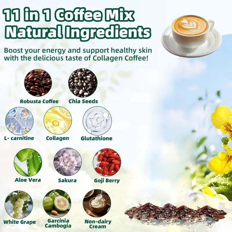 10/20 Pcs Sugar-Free 11-In-1 Robusta Collagen Coffee Packets - 12G Daily Bean Blend Beverage with Chia Seeds, Goji Berries, No Added Sugars Collagen Coffee Beans Dietary Supplement for Fitness