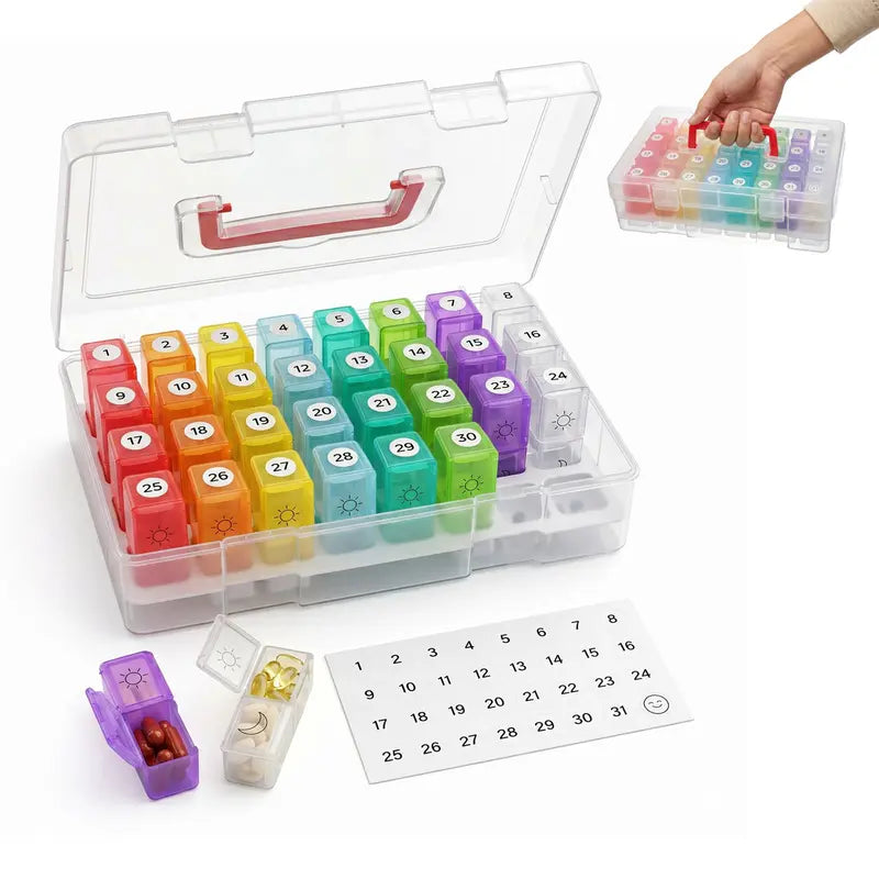 ASTRAVEA 31-Day Monthly Pill Organizer - Bpa-Free Supplement & Medical Organizer, Color-Coded Compartmentalized Dispenser with 32 Pre-Sorted AM/PM Daily Strips, Portable Travel Storage Box