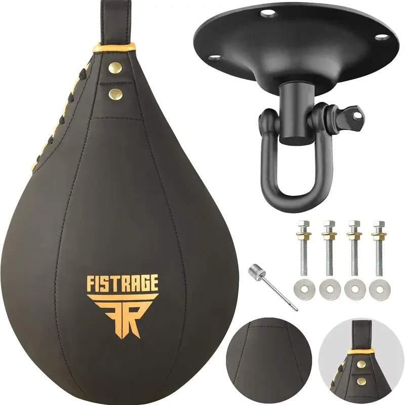 FISTRAGE Speed Bag Boxing Ball Leather MMA Muay Thai Training Punching Dodge Striking Kit with Free Hanging Swivel Workout Speedball Kicking Platform Equipment