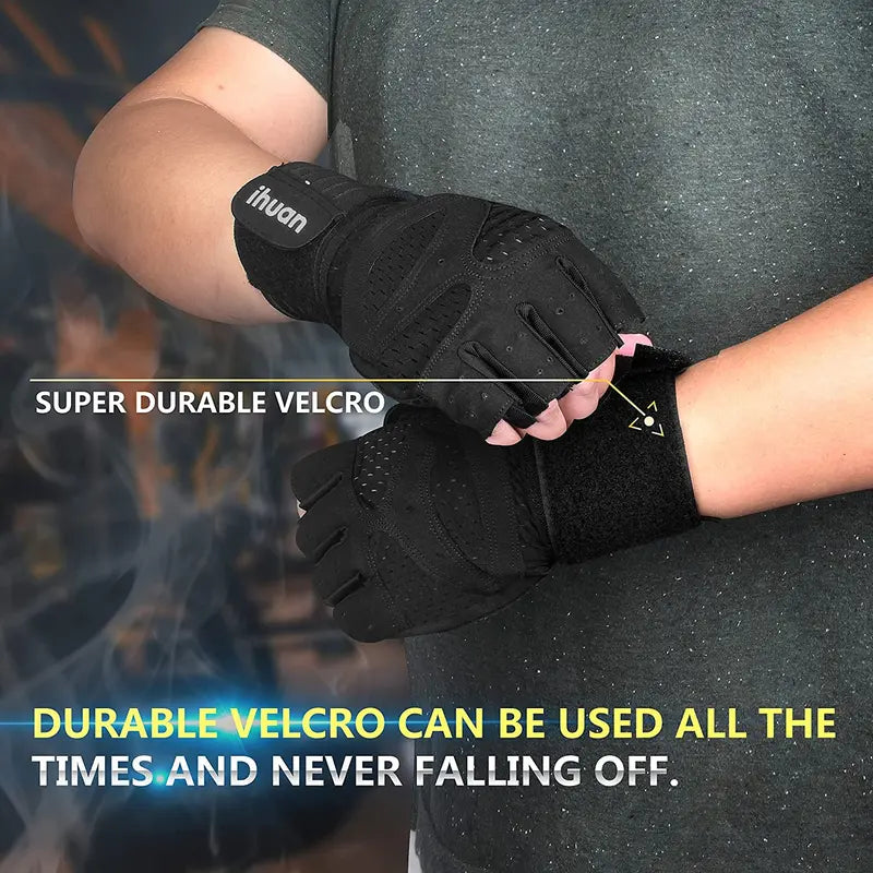 Ihuan Ventilated Weight Lifting Gym Workout Gloves with Wrist Wrap Support for Men & Women, Full Palm Protection, for Weightlifting, Training, Fitness, Hanging, Pull Ups Ihuan