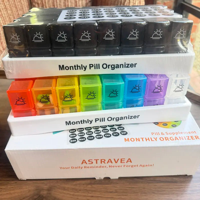 ASTRAVEA 31-Day Monthly Pill Organizer - Bpa-Free Supplement & Medical Organizer, Color-Coded Compartmentalized Dispenser with 32 Pre-Sorted AM/PM Daily Strips, Portable Travel Storage Box