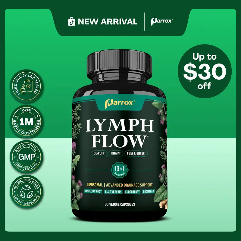 Parrox Lymph Flow - 13 in 1 Support for De-Puff, Drain, Lighter Feel - Liposomal Lymphatic Drainage Supplement - (60 Veggie Capsules)