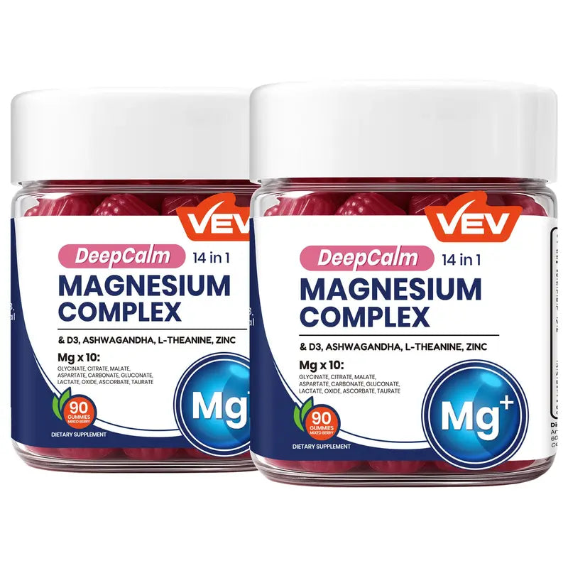 VEV Deepcalm 14-In-1 Dietary Magnesium Supplement Gummies, with Ashwagandha, L-Theanine, D3, Zinc & Supports Calming Blended Vitamins and Minerals, Chewable Dietary Supplement, 90-Count