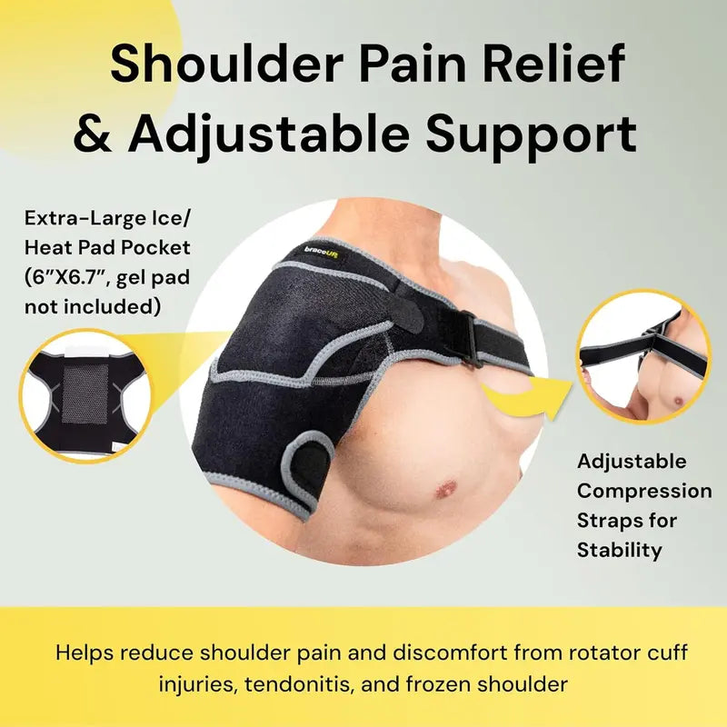 Adjustable Shoulder Brace with Ice Pad Pocket - Ergonomic Adjustable Compression Bandage for Rotator Cuff Recovery, Shoulder Pain Relief, Injury Prevention (11-16 Inches, 1 Size Fits Adults, Ideal for Sports & Outdoor Use)