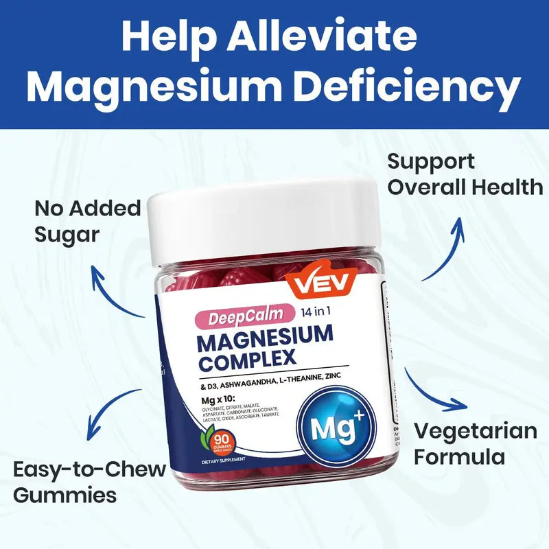 VEV Deepcalm 14-In-1 Dietary Magnesium Supplement Gummies, with Ashwagandha, L-Theanine, D3, Zinc & Supports Calming Blended Vitamins and Minerals, Chewable Dietary Supplement, 90-Count