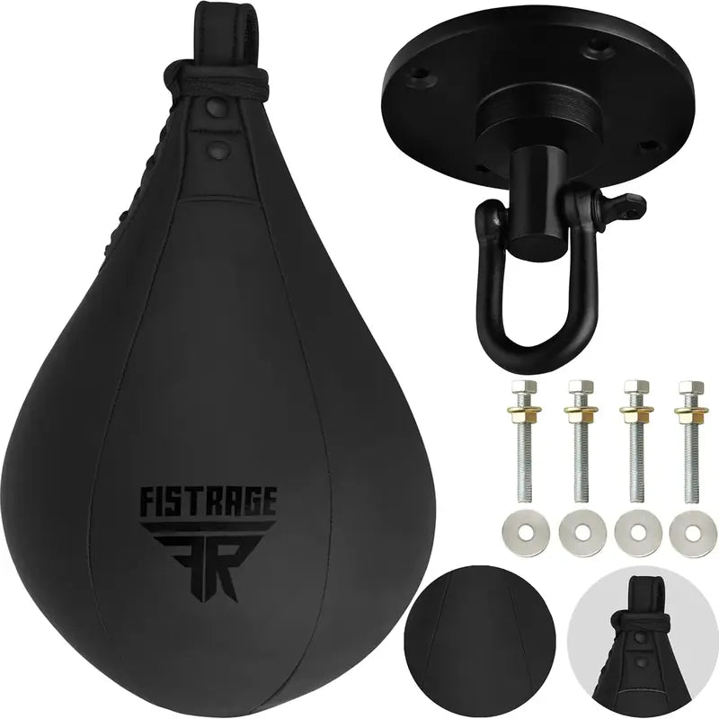 FISTRAGE Speed Bag Boxing Ball Leather MMA Muay Thai Training Punching Dodge Striking Kit with Free Hanging Swivel Workout Speedball Kicking Platform Equipment