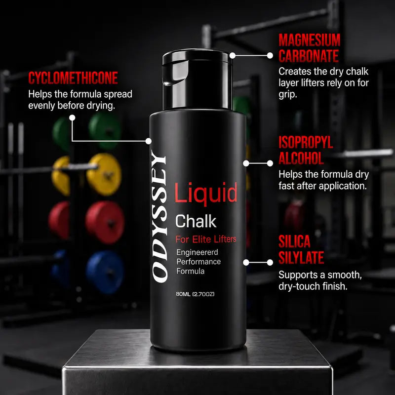 Odyssey Liquid Chalk for Lifting & Grip Training. Tested by +900Lbs Deadlifters - Fast-Drying, No Chalk Dust, Sweat & Oil Resistant Grip for Deadlifts, Pull-Ups & Grip Work, 80 Ml