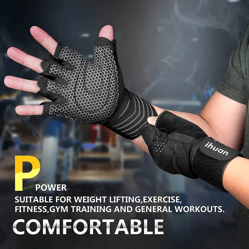 Ihuan Ventilated Weight Lifting Gym Workout Gloves with Wrist Wrap Support for Men & Women, Full Palm Protection, for Weightlifting, Training, Fitness, Hanging, Pull Ups Ihuan
