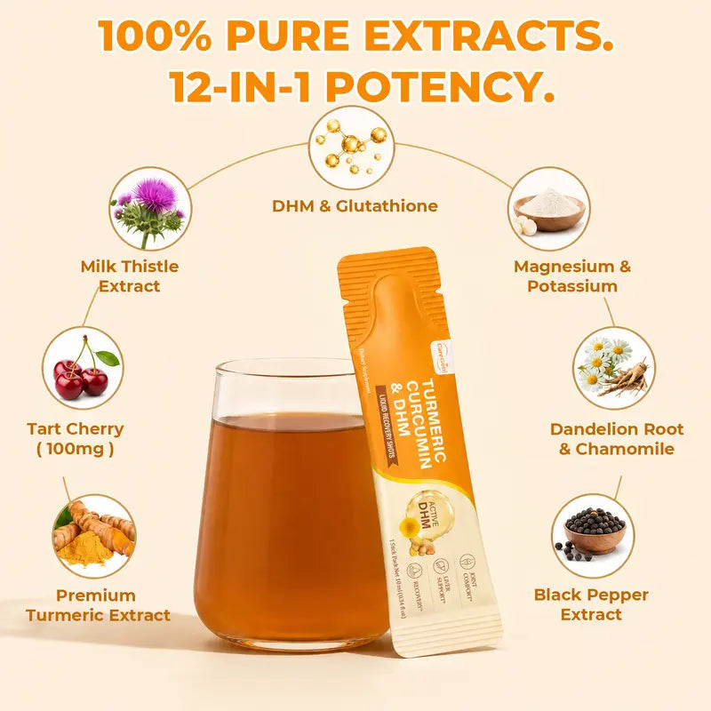 Organic Gluten Free Turmeric Curcumin Liquid Shots with DHM & Glutathione - 12-In-1 Milk Thistle Herbal Supplements for Liver, Antioxidant Support - Pineapple Mango, 20X10Ml (Tart Cherry, Dandelion for Digestive Health, Skin Glow, Healthy Aging)
