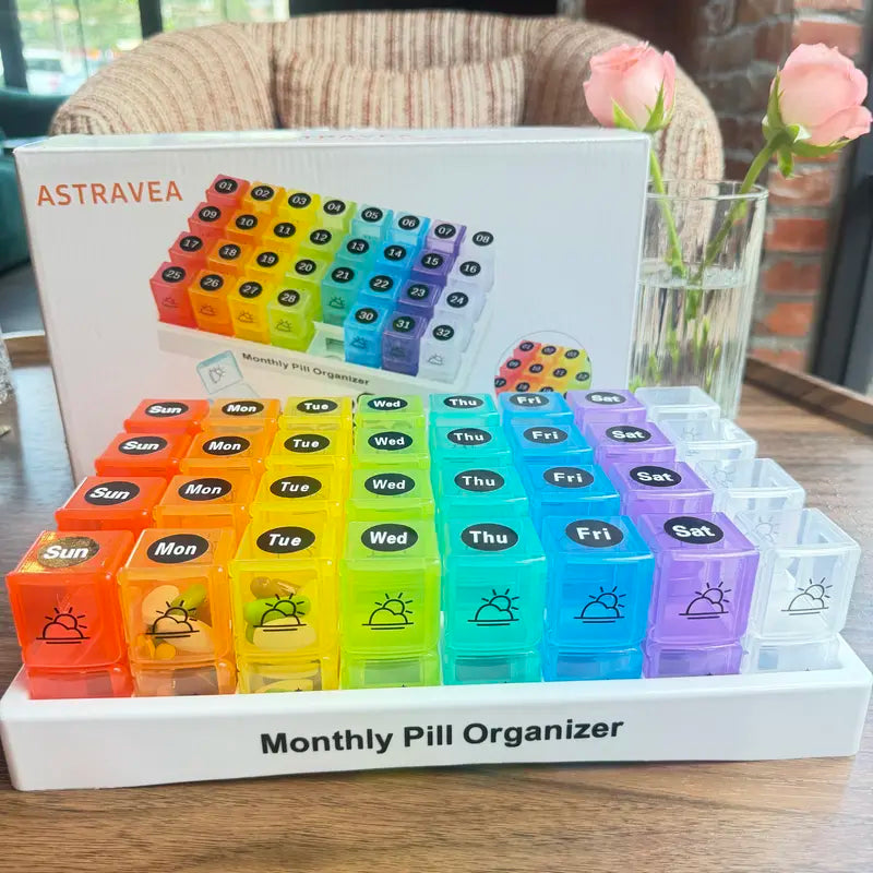 ASTRAVEA 31-Day Monthly Pill Organizer - Bpa-Free Supplement & Medical Organizer, Color-Coded Compartmentalized Dispenser with 32 Pre-Sorted AM/PM Daily Strips, Portable Travel Storage Box