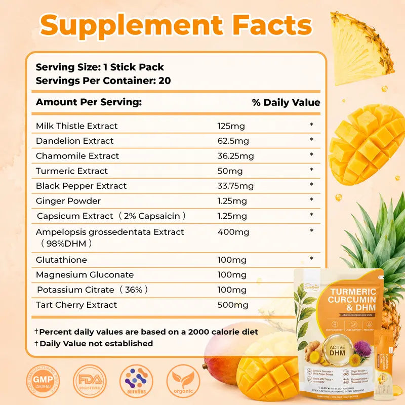 Organic Gluten Free Turmeric Curcumin Liquid Shots with DHM & Glutathione - 12-In-1 Milk Thistle Herbal Supplements for Liver, Antioxidant Support - Pineapple Mango, 20X10Ml (Tart Cherry, Dandelion for Digestive Health, Skin Glow, Healthy Aging)