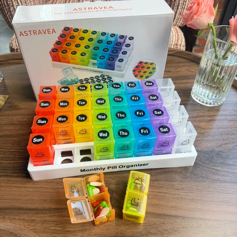 ASTRAVEA 31-Day Monthly Pill Organizer - Bpa-Free Supplement & Medical Organizer, Color-Coded Compartmentalized Dispenser with 32 Pre-Sorted AM/PM Daily Strips, Portable Travel Storage Box