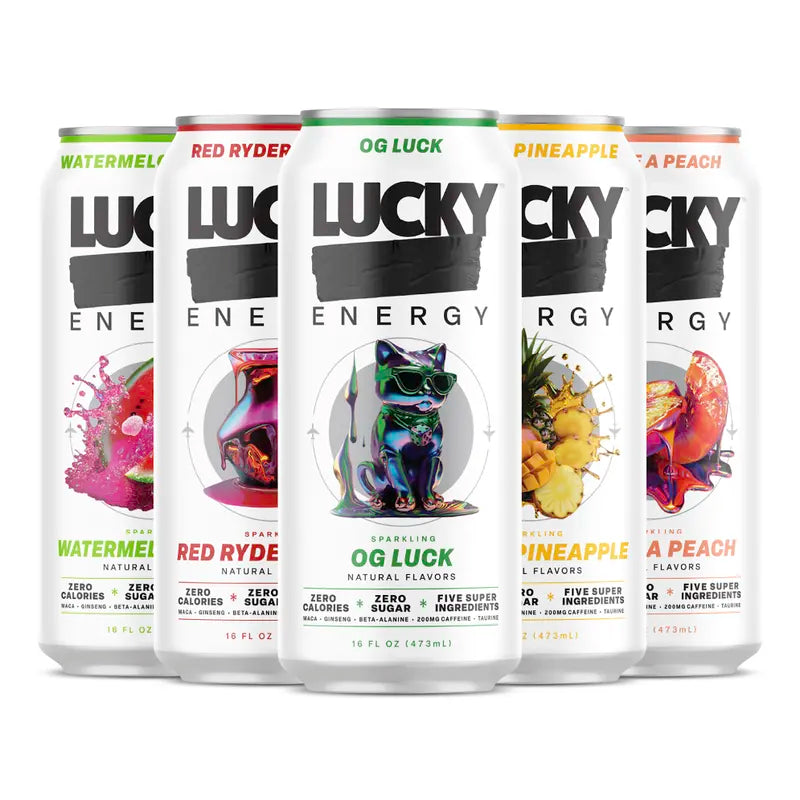 Lucky Energy Essentials Variety Pack - Energy Drinks 10 Pack, 16Oz Cans, Zero Sugar, 200Mg Caffeine | OG Luck, Red Ryder Punch, Watermelon Candy, Son of a Peach, Mango Pineapple | Clean Energy Sampler, No Crash