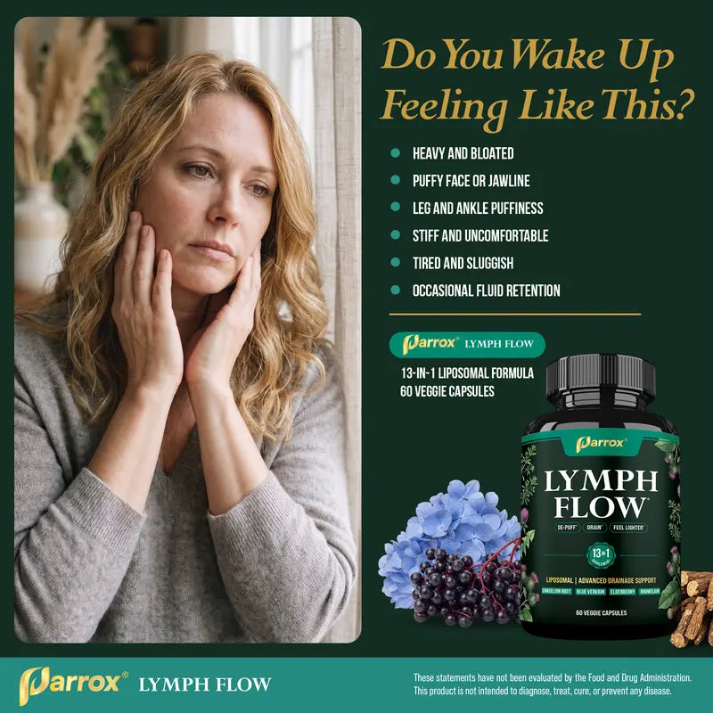 Parrox Lymph Flow - 13 in 1 Support for De-Puff, Drain, Lighter Feel - Liposomal Lymphatic Drainage Supplement - (60 Veggie Capsules)
