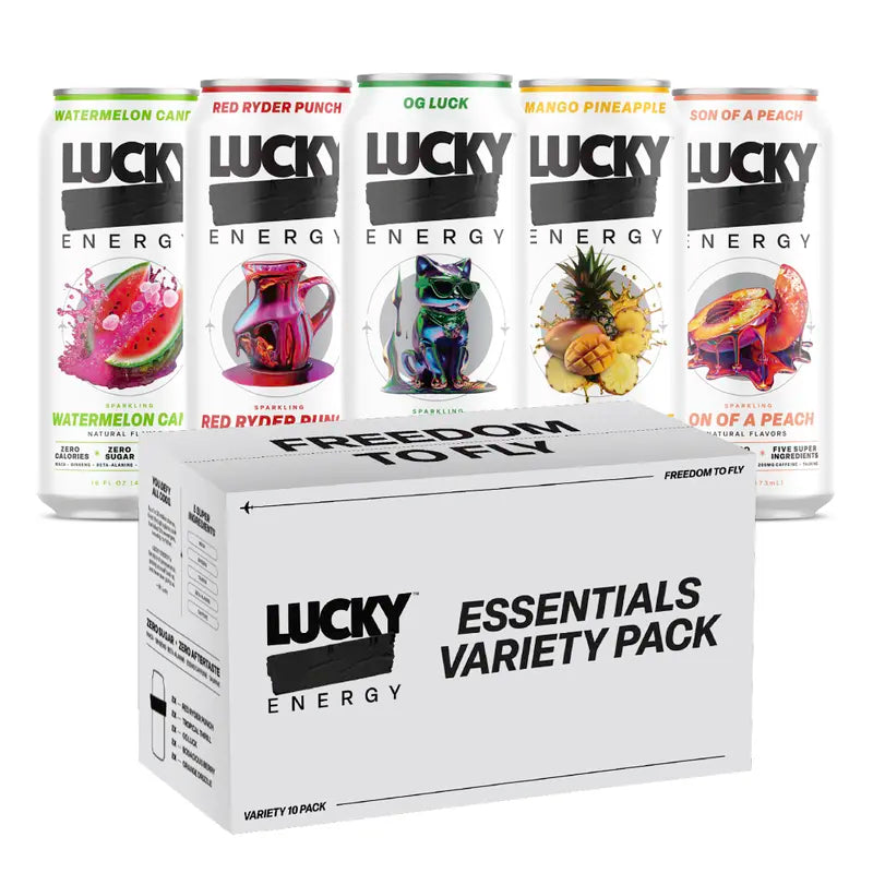 Lucky Energy Essentials Variety Pack - Energy Drinks 10 Pack, 16Oz Cans, Zero Sugar, 200Mg Caffeine | OG Luck, Red Ryder Punch, Watermelon Candy, Son of a Peach, Mango Pineapple | Clean Energy Sampler, No Crash